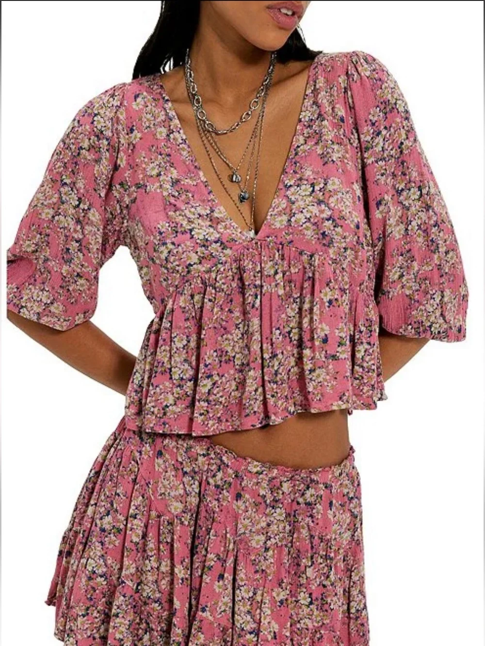 NWT🌷Free People Calla Lilly Floral Printed V-neck 3/4 Sleeve Top & Skirt Set